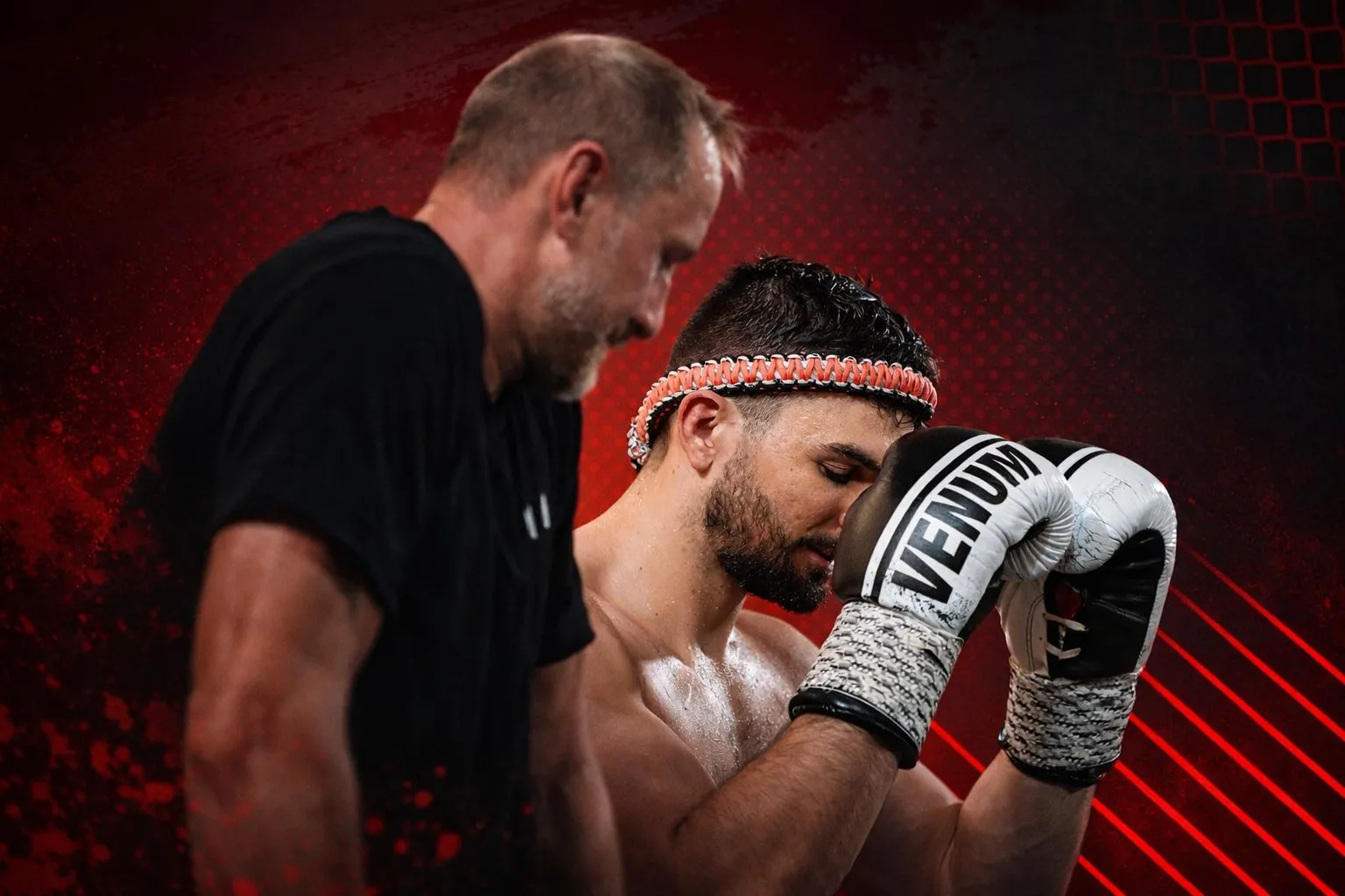 Coach Konrad Borowiecki with a fighter before a Muay Thai bout at The M A Connection