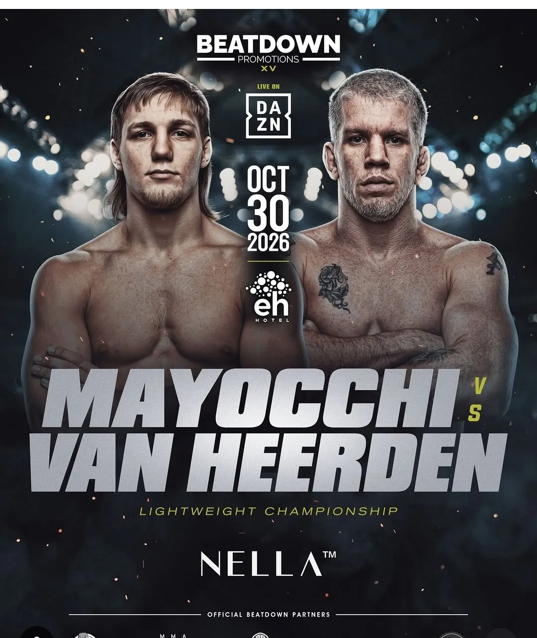 Beatdown Promotions XV poster: Brodie Mayocchi versus Justin Van Heerden for the lightweight championship, 30 October 2026, live on DAZN