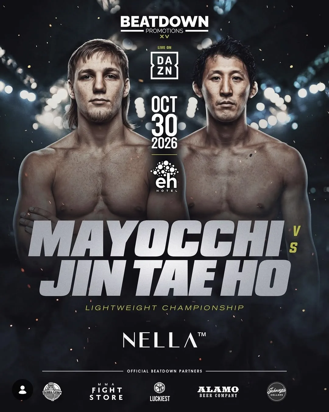 Beatdown Promotions XV fight poster: Brodie Mayocchi versus Jin Tae Ho for the lightweight championship, 30 October 2026 at the Eatons Hill Hotel, live on DAZN